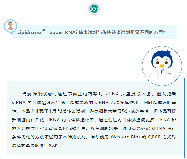 Lipidnano™Super RNAi转染试剂与传统转染试剂明显不同的方面？传统转染试剂可通过表面正电荷帮助 siRNA 大量摄取入胞，但入胞后 siRNA 内含体逃逸水平低，造成摄取的 siRNA 无法发挥作用，同时造成细胞毒性。本品为非强正电型脂质转染试剂，避免细胞大量摄取造成的毒性，但本品可提升细胞内吞后的 siRNA 内含体逃逸效率，通过促进内含体逃逸使更多 siRNA 释放入细胞质中实现高效基因沉默作用。故在细胞水平上通过荧光标记 siRNA 进行条件优化的方法不适用于本转染试剂。推荐使用 Western Blot 或 QPCR 方式对最佳转染浓度进行优化。
